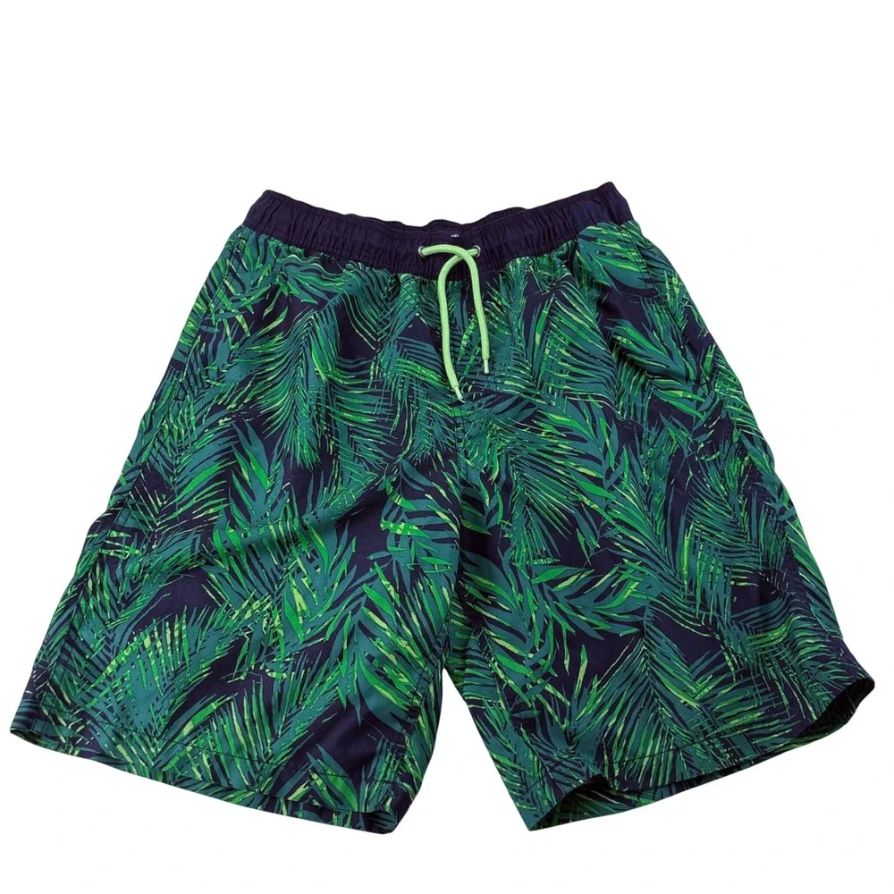Gap Mens Medium Tropical Palm Leaf Print Swi Trunks Navy Blue Green Board Shorts